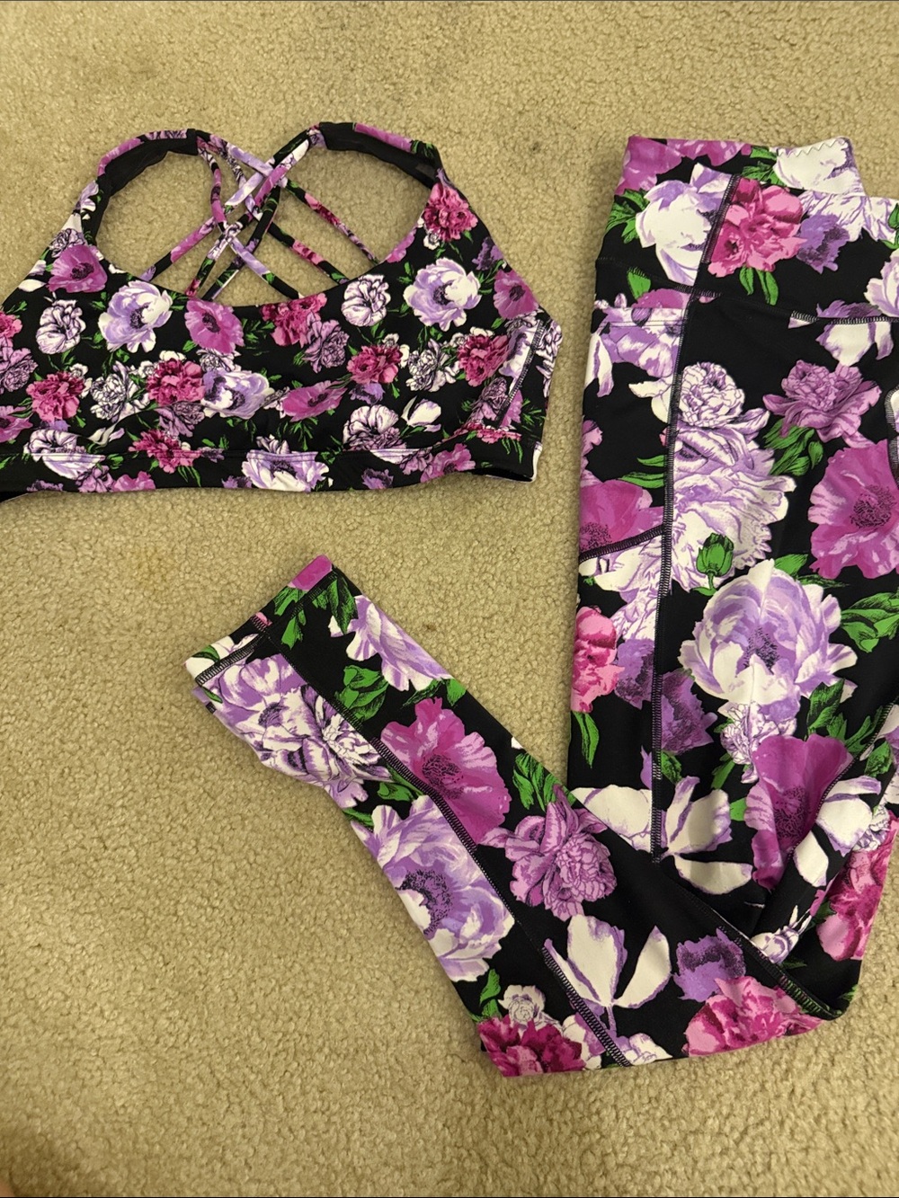 Victoria's Secret Black Floral Active Set with Purple & Pink Blooms